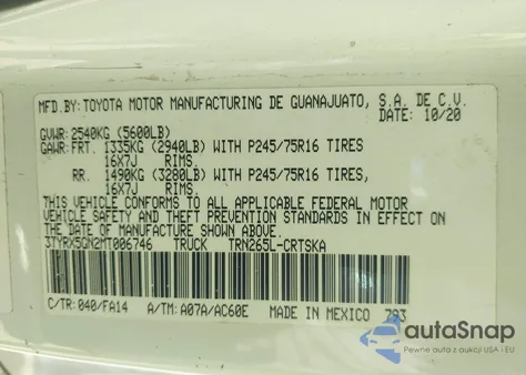 2021 Toyota Tacoma Sr из США, поврежденный, VIN 3TYRX5GN2MT006746